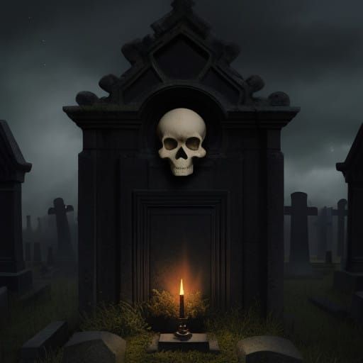 Skull on a Haunting Graveyard Stone in Dark Gothic Style