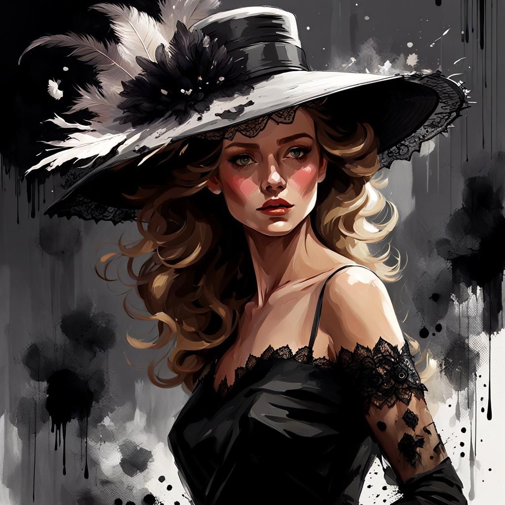 Elegant Girl in Black and White Digital Painting