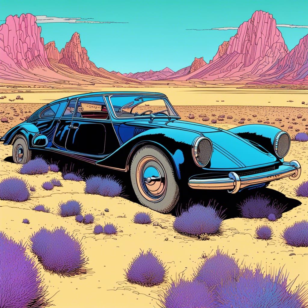 Classic Car in Desert Grassland, Moebius Style
