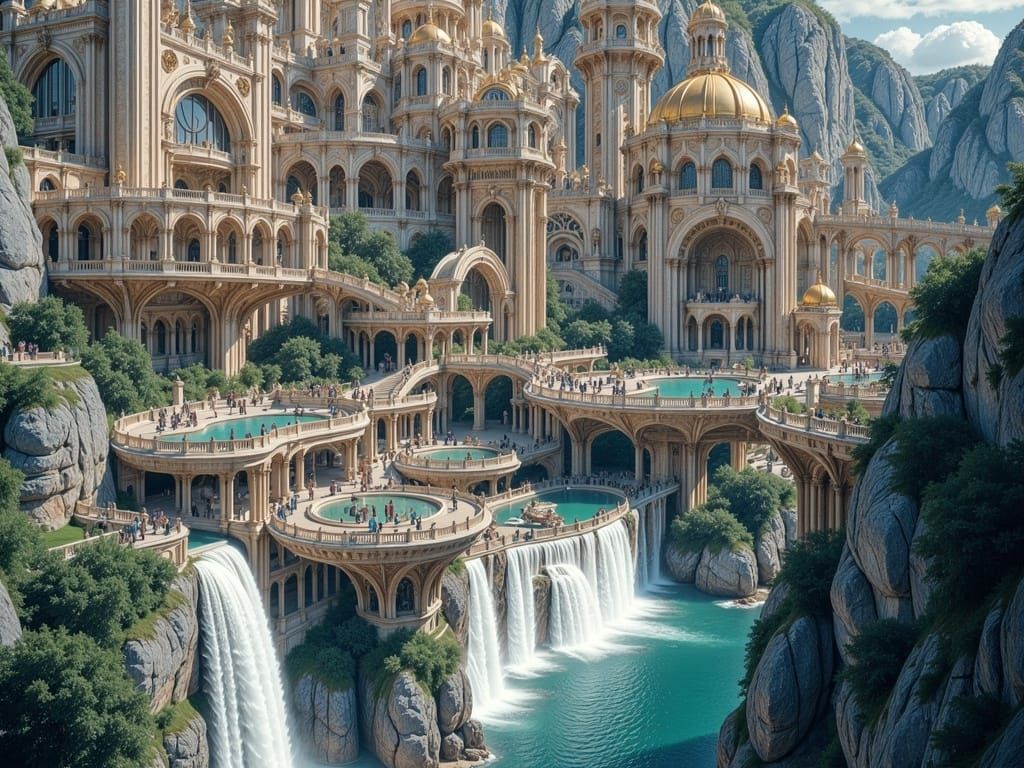 Magical Kingdom with Waterfalls and Sailing Ships
