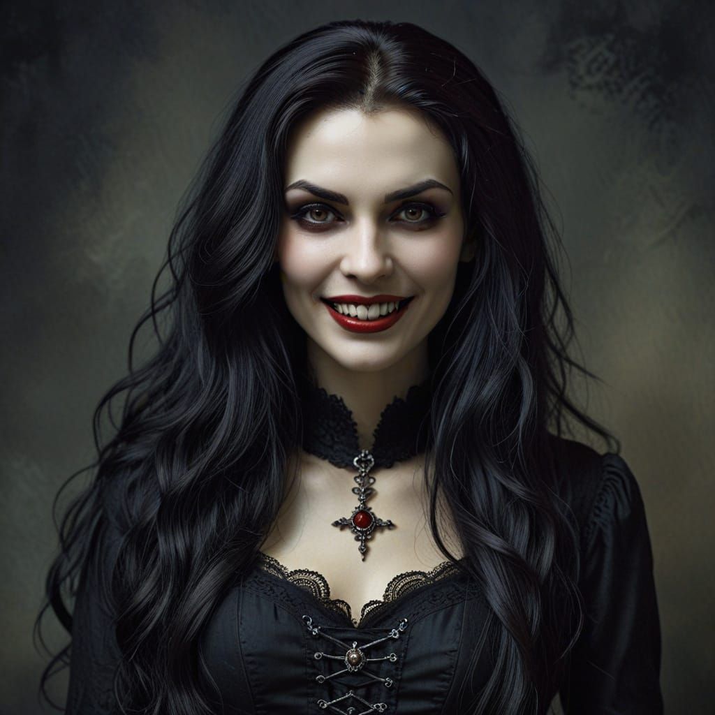 Gothic Vampire Woman in Antique Carmine and Black