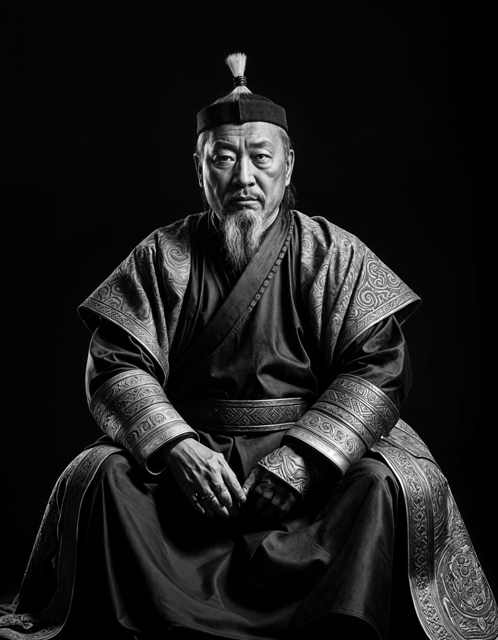 Genghis Khan: Black and White Portrait in Glycee Style