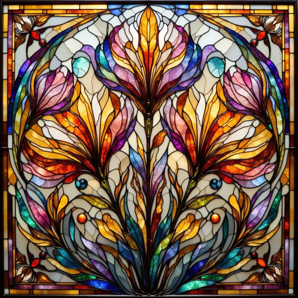 Rainbow Stained Glass Flowers in Opulent Art Nouveau Style