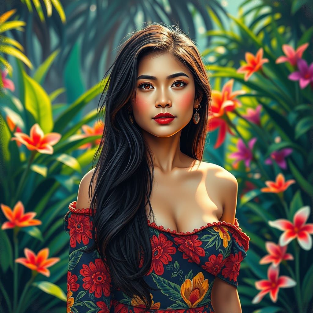 Serene Southeast Asian Beauty in Vibrant Floral Dress