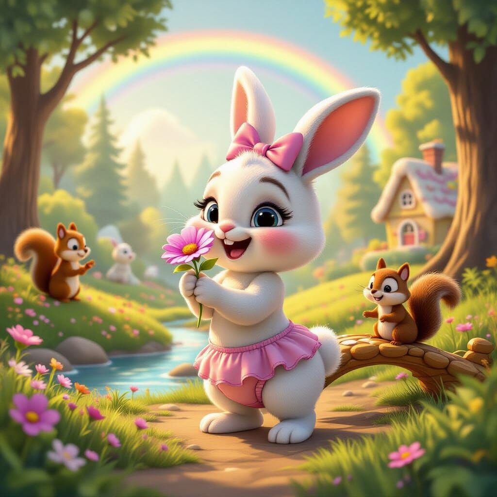 Cute Bunny in Enchanted Forest with Squirrel