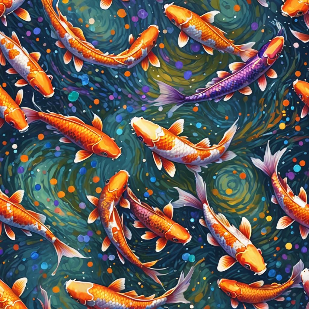 Koi Fish in Pond as Pointillism Painting