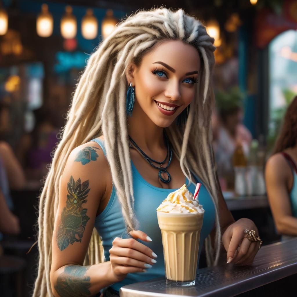 Fantasy Waitress with Blue Dreadlocks in ZBrush Style