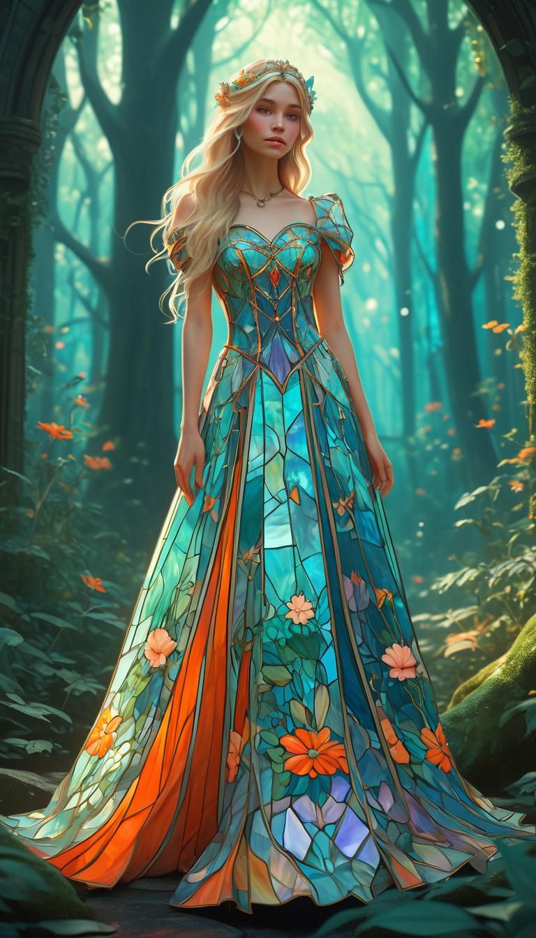 Fantasy Princess in Stained Glass Gown, Art Nouveau