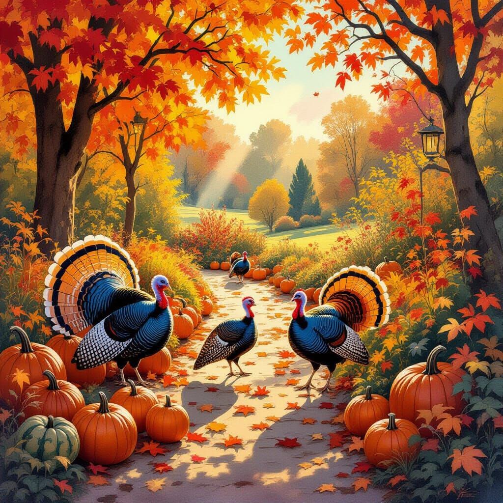 Vibrant Autumn Garden with Turkeys and Pumpkins