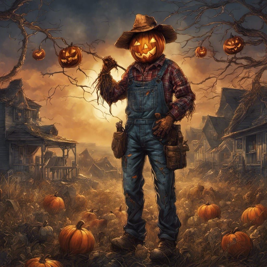 Scarecrow Jack O'Lantern Head in Cinematic Digital Painting