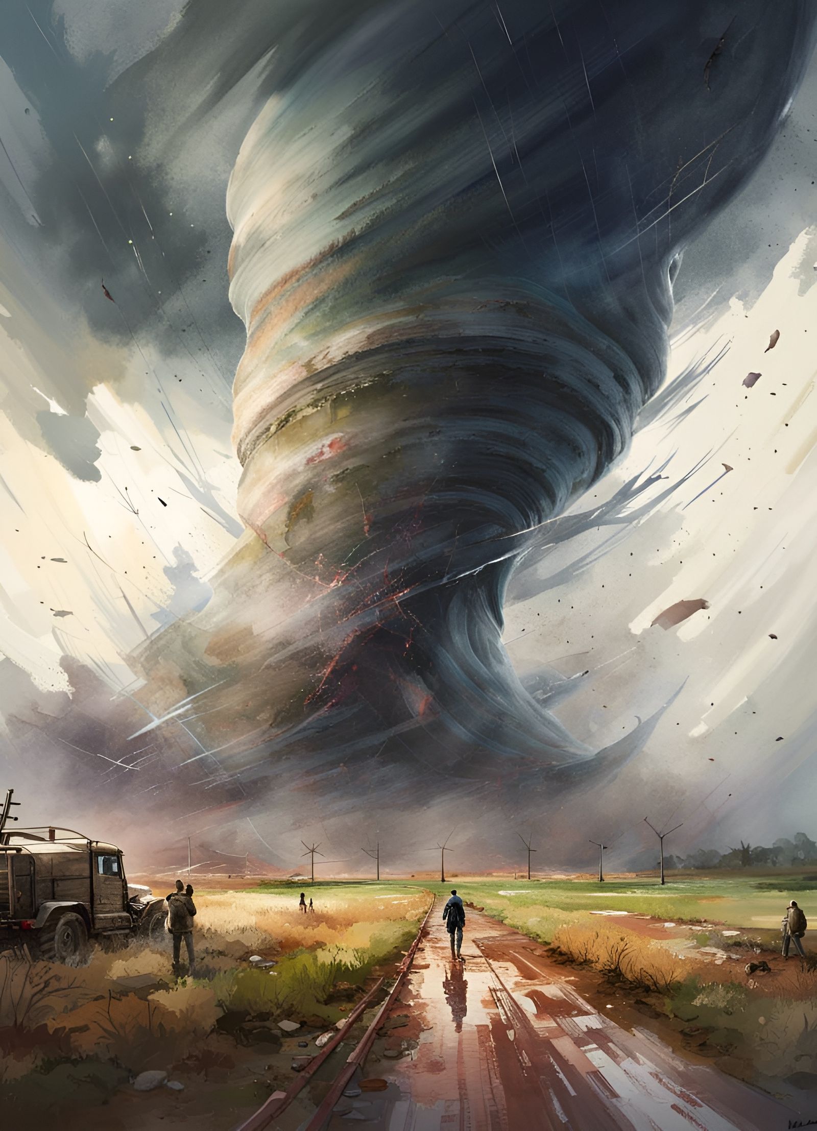 Dramatic Tornado Roaming Countryside in Watercolor Style