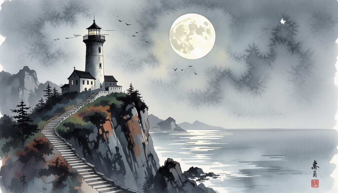 Gothic Lighthouse on Cliff as Chinese Ink Painting