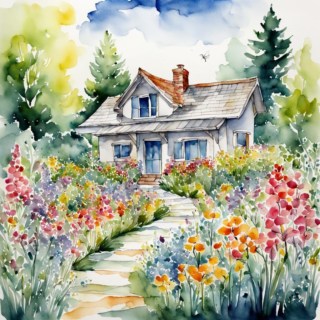 Watercolor Holiday Home with Flower Garden