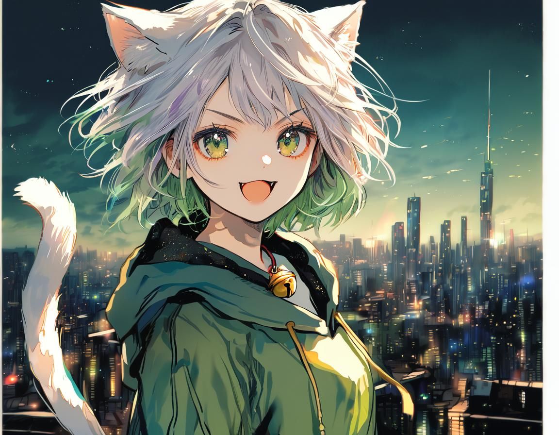Happy Cat Girl in Cityscape: Vintage Style Illustration