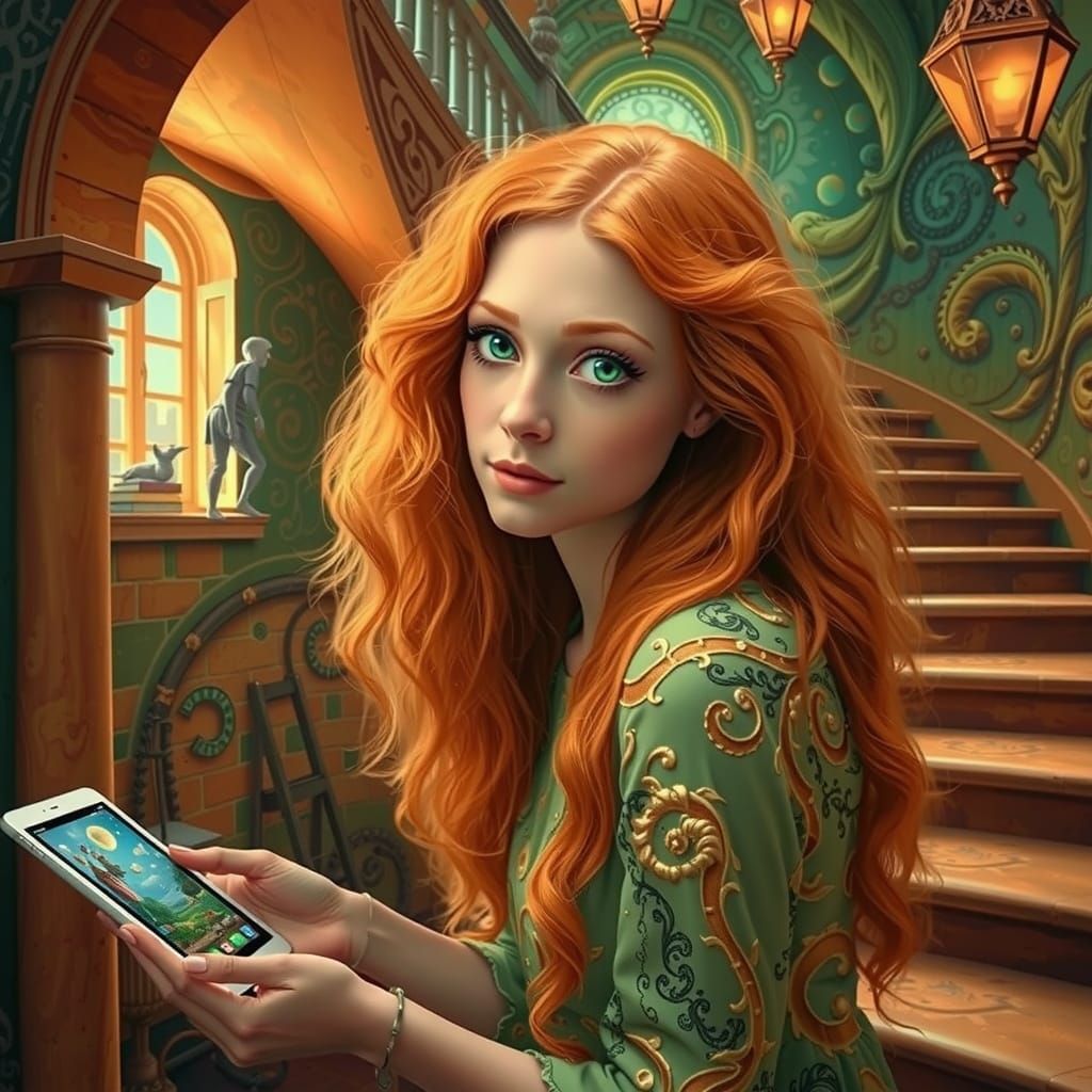 Surrealist Woman Enthralled by Glowing iPad in Whimsical Sce...