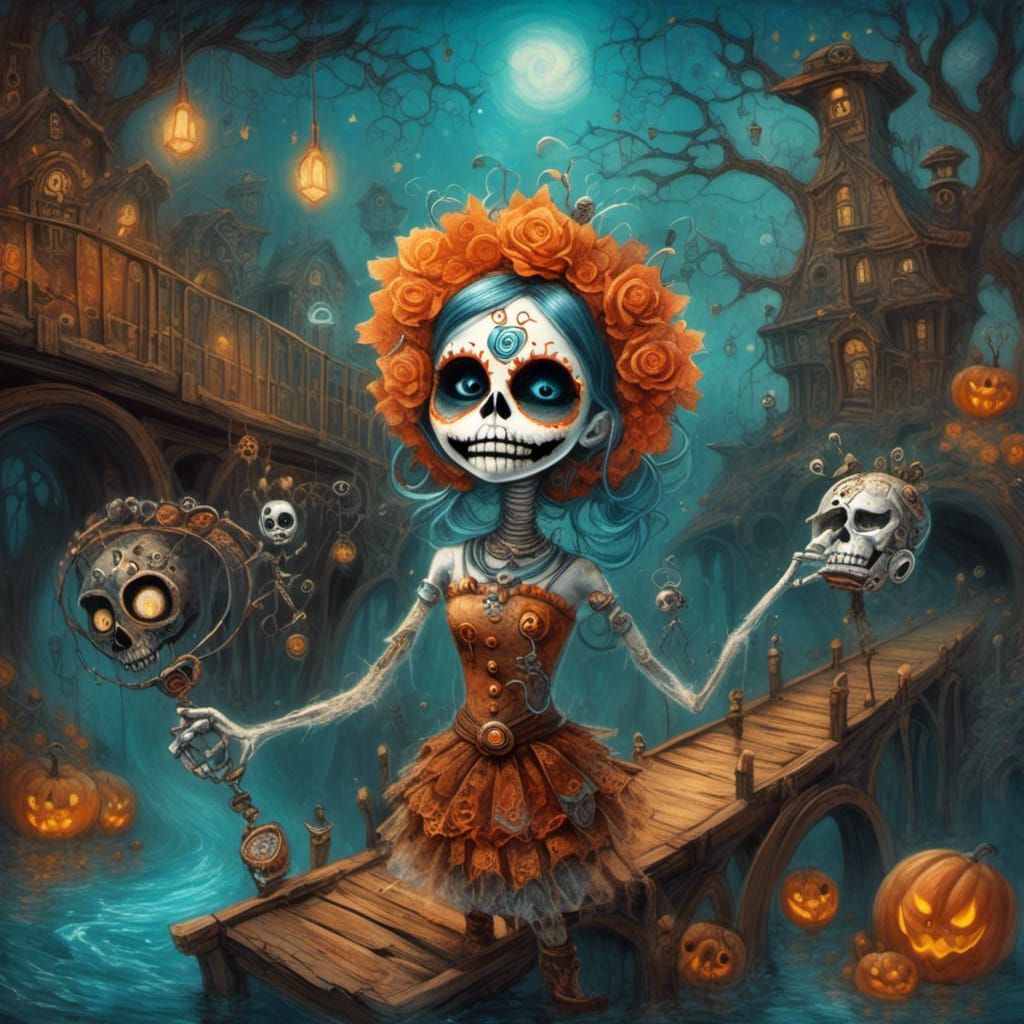 <lora:Steamdreams 2:1.0> An intensely emotive anthropomorphic screaming Mexican painted sugar skull fairy godmother in ...