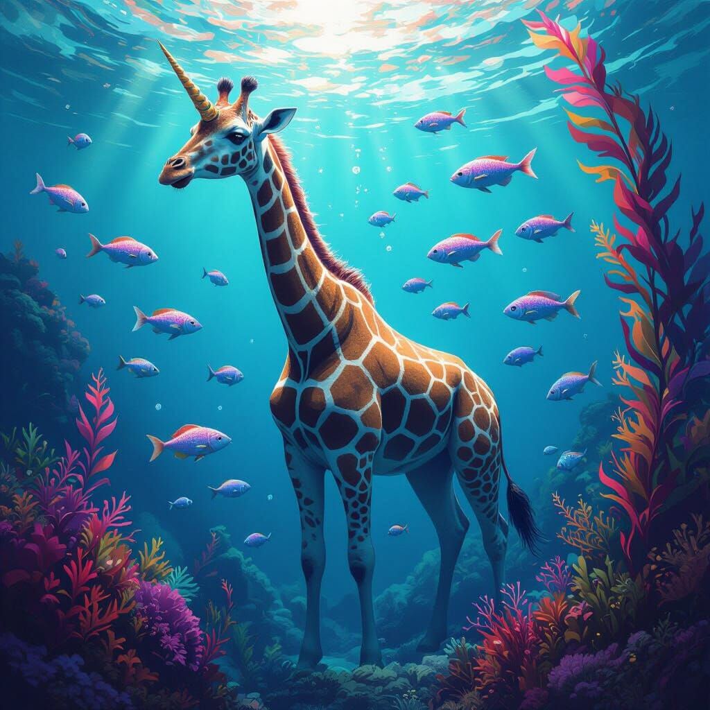 Giraffe-Unicorn Hybrid in Underwater Fantasy Art