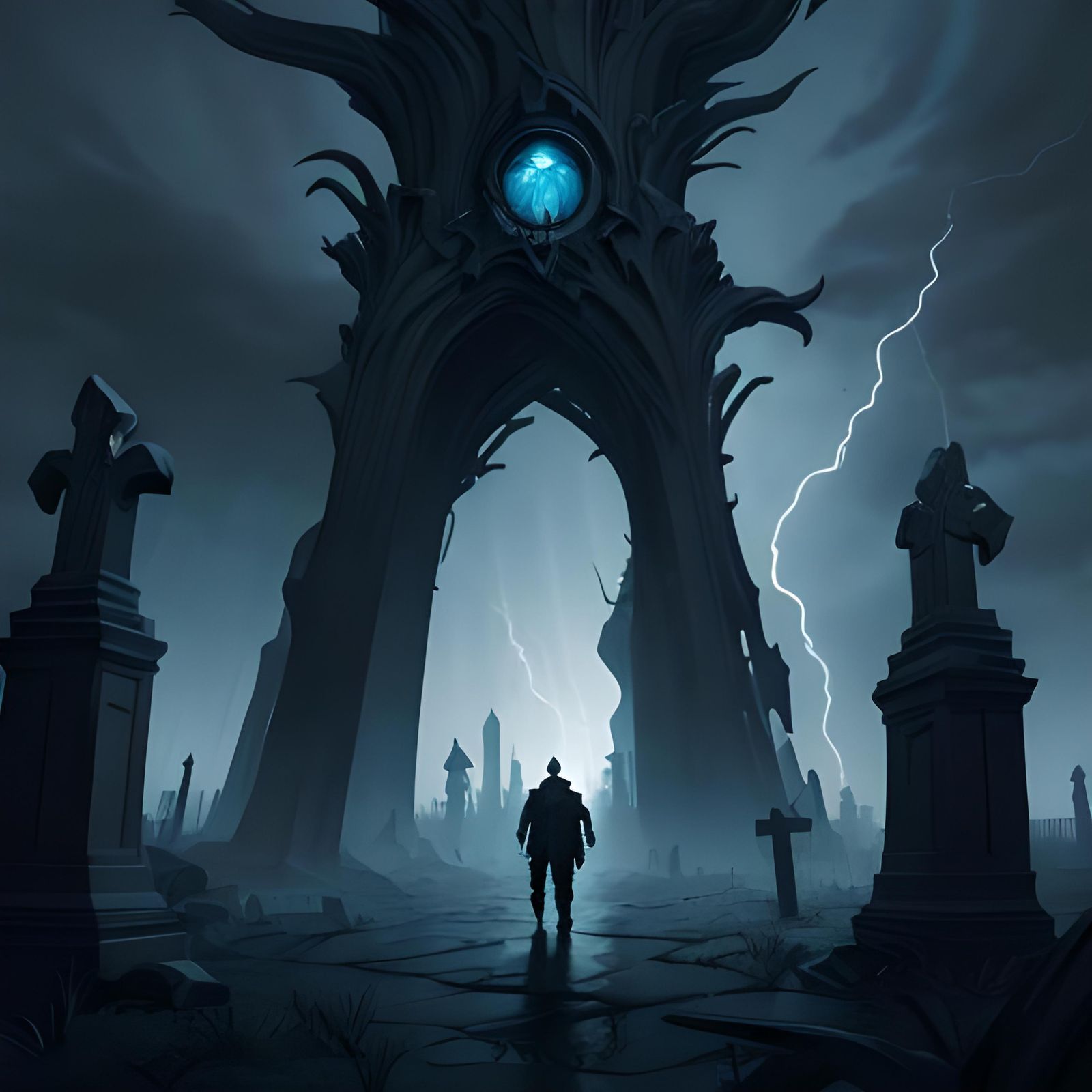 Gothic Grave Scene in Thunderstorm at Twilight