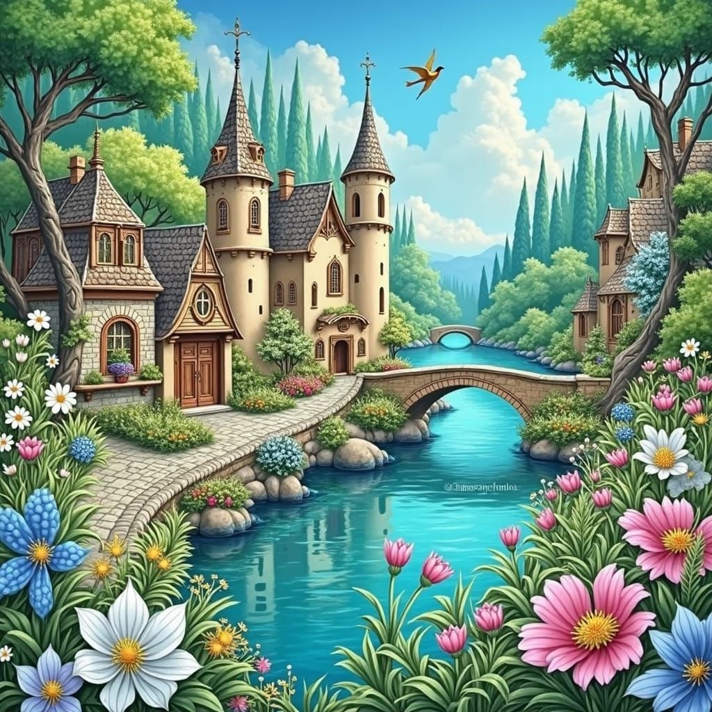 Golden Fantasy Village with Teal River