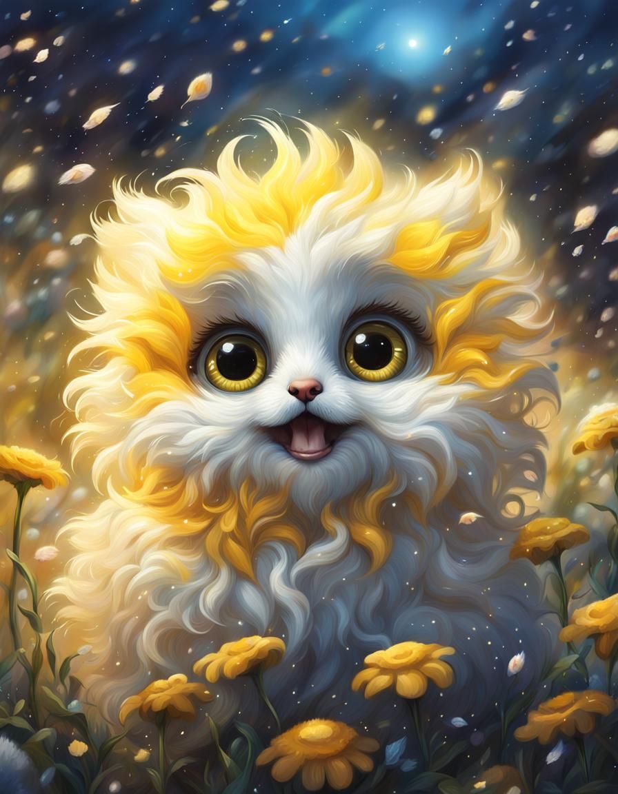 Cute Fluffy Fantasy Creature in Flower Rain