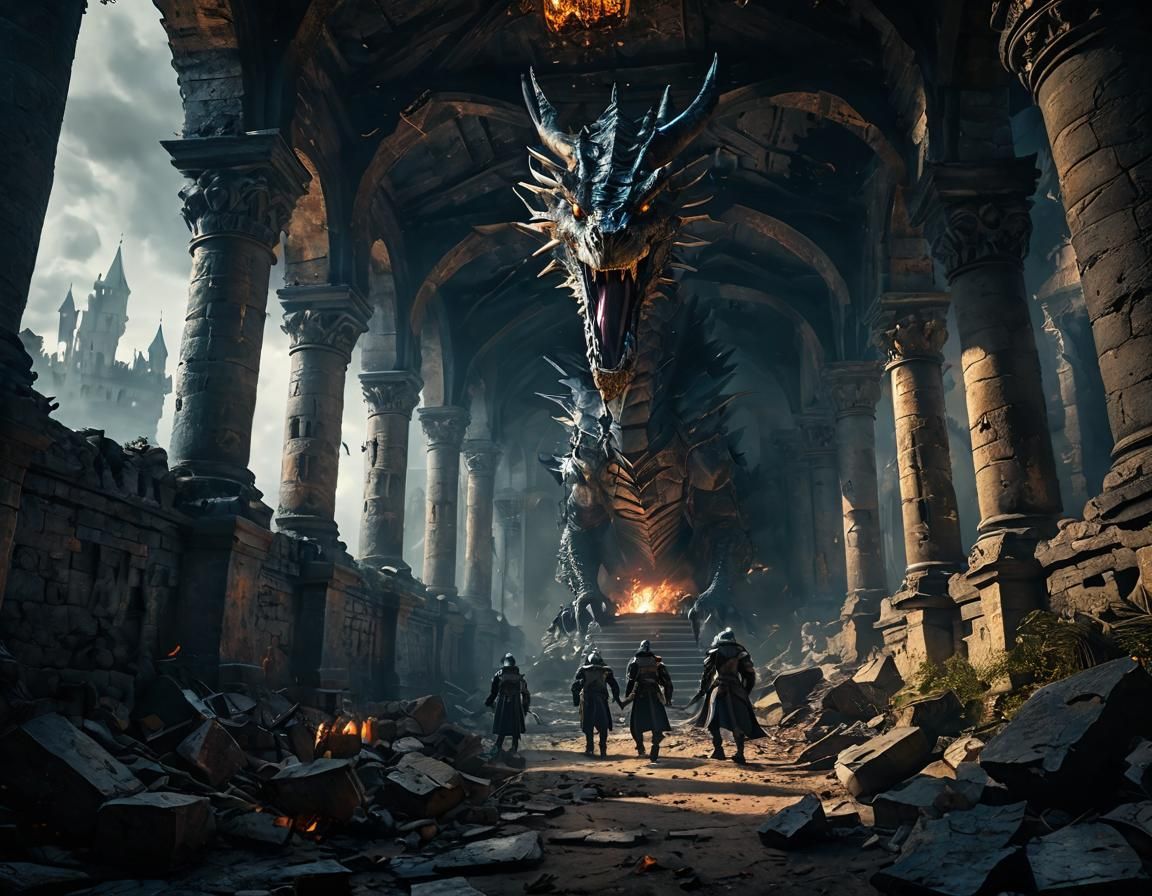 Knights Face Dragon in Ruined Castle: Digital Matte Painting