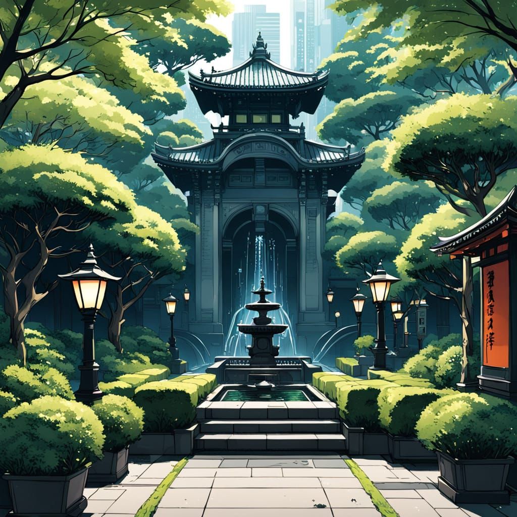 Surreal Anime Fountain Amidst Tokyo's Bustling Urban Landsca...