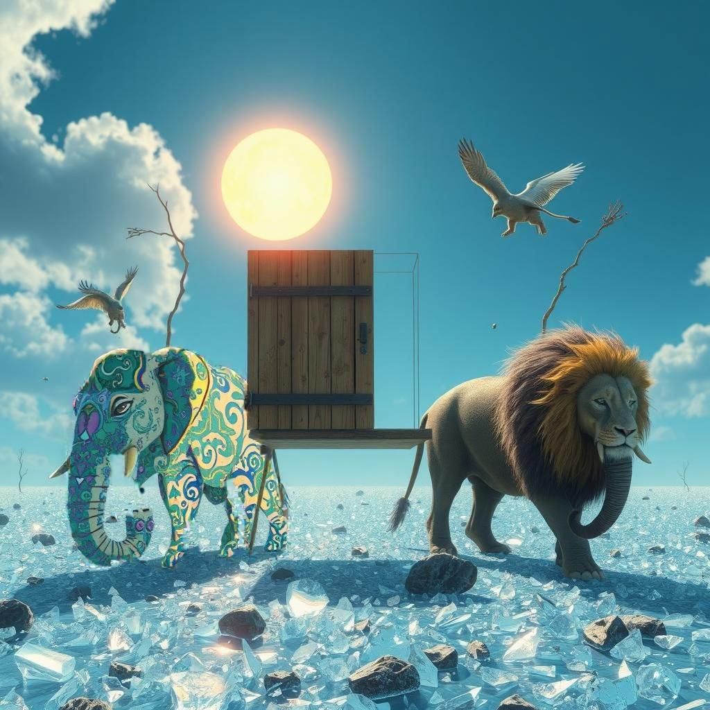 Surreal Glass Field with Floating Creatures, Anime Key Visua...
