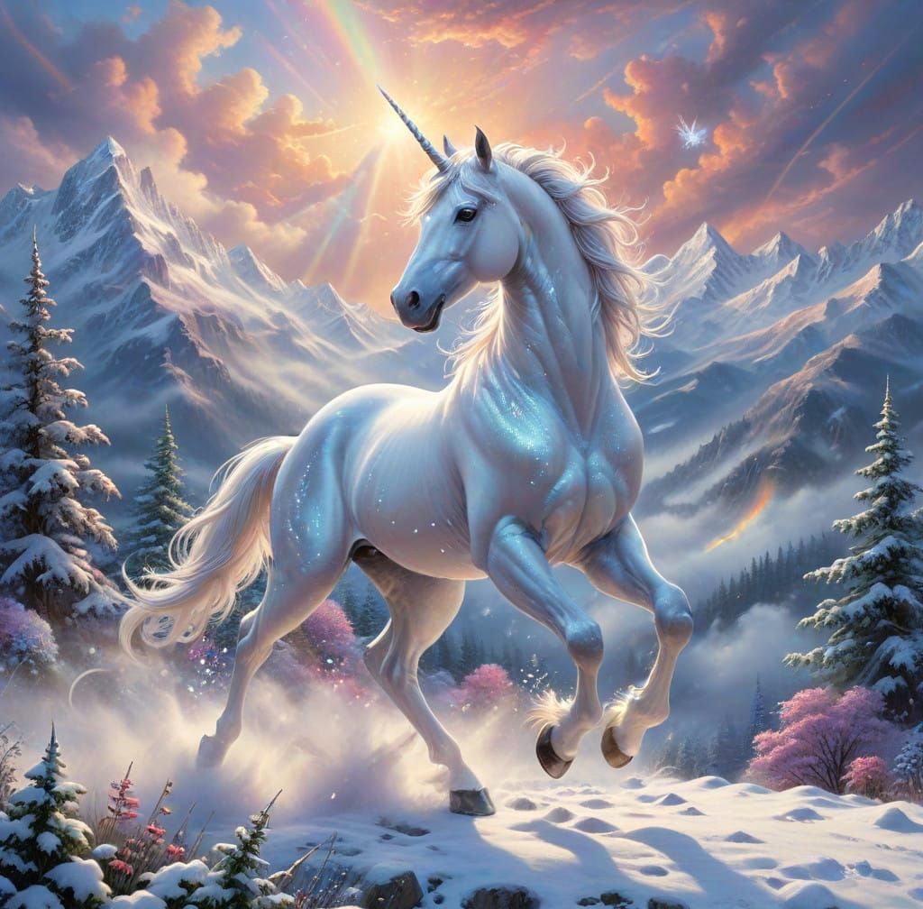 Ethereal Unicorn Gallops Across Snowy Hillside at Dusk