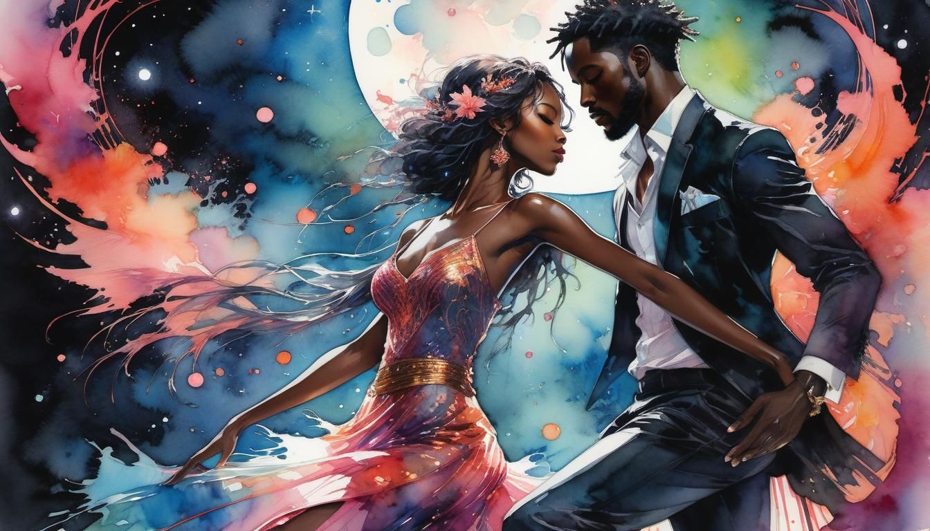 Romantic Dance Under Starlight: Watercolor Manga Art