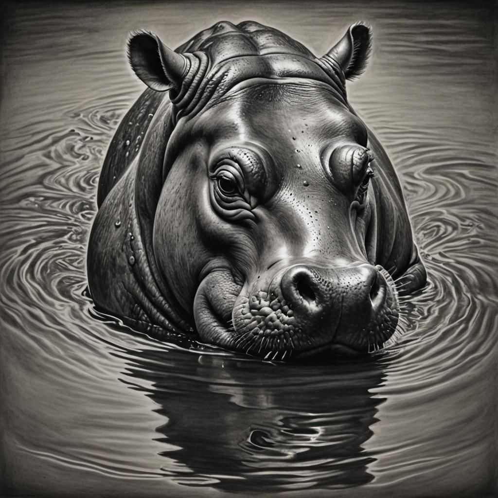 Hyper Detailed Charcoal Drawing of a Hippopotamus