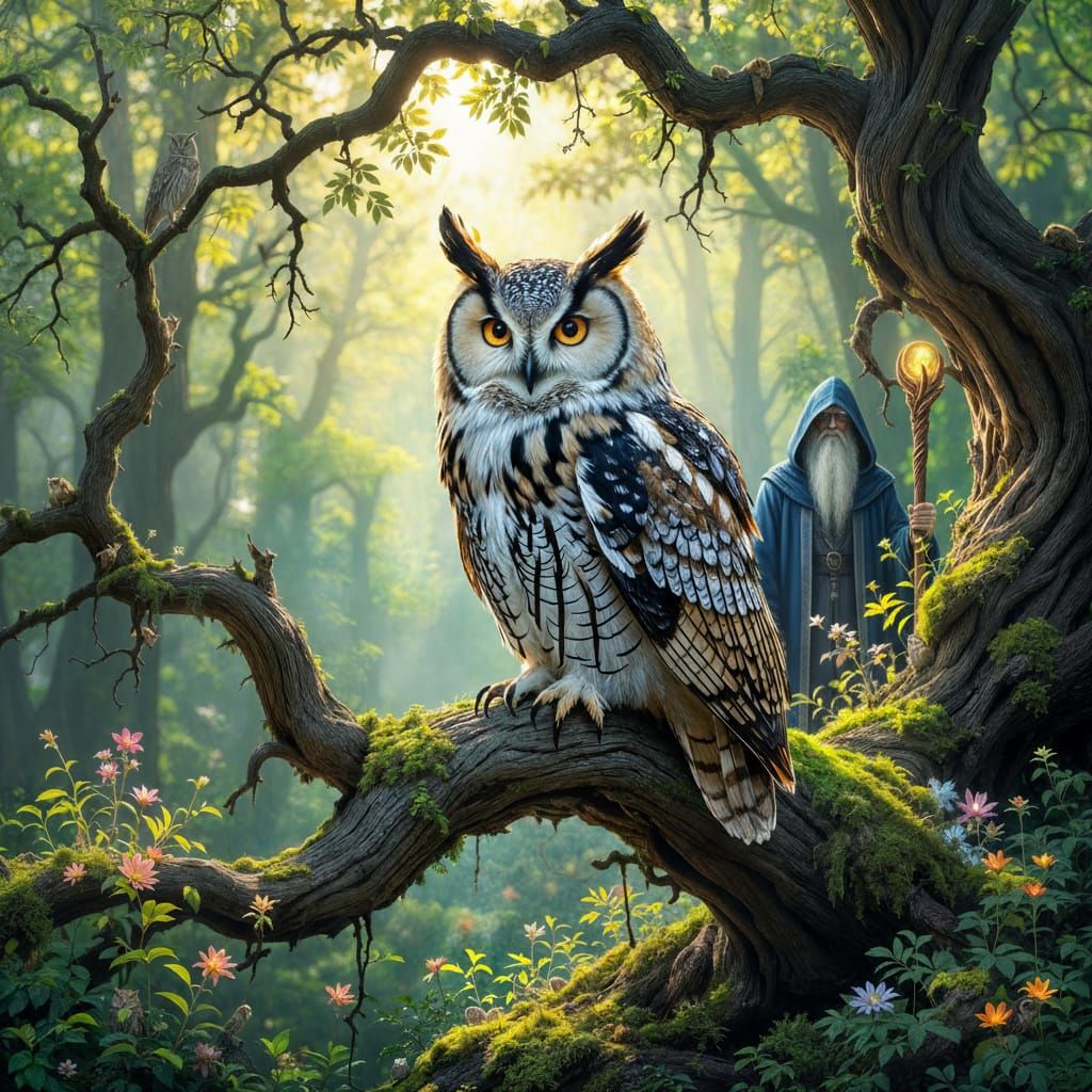 Majestic Stained Glass Owl on Ancient Branch in Ethereal For...