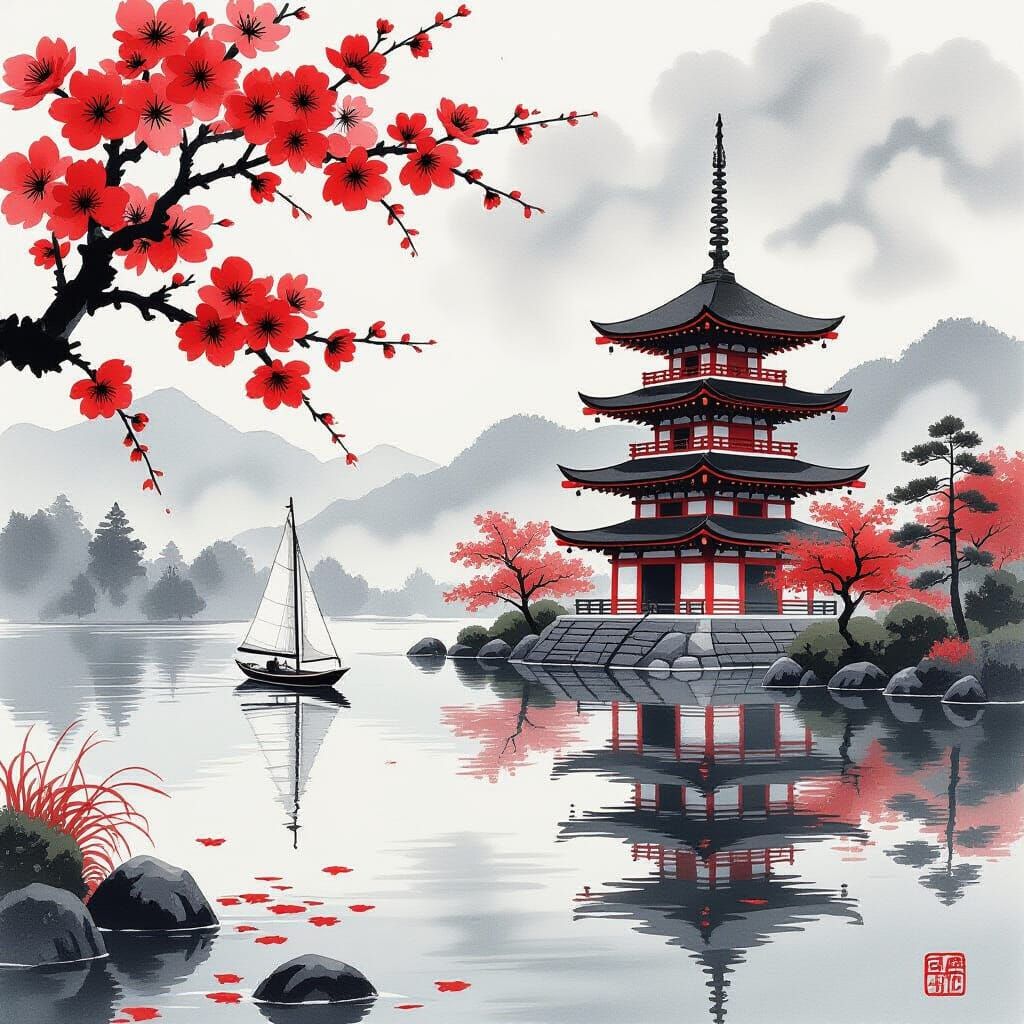 Japanese Lake Landscape in Sumi-e Style