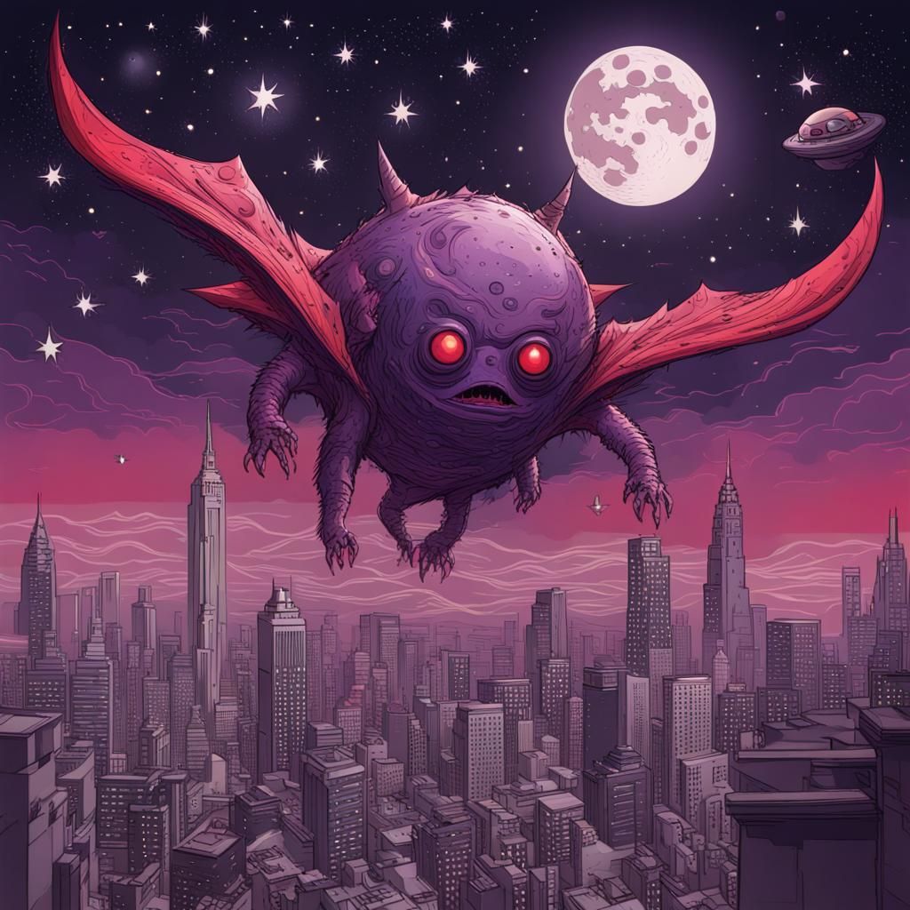 Flying Space Monster City in Purple Nebula