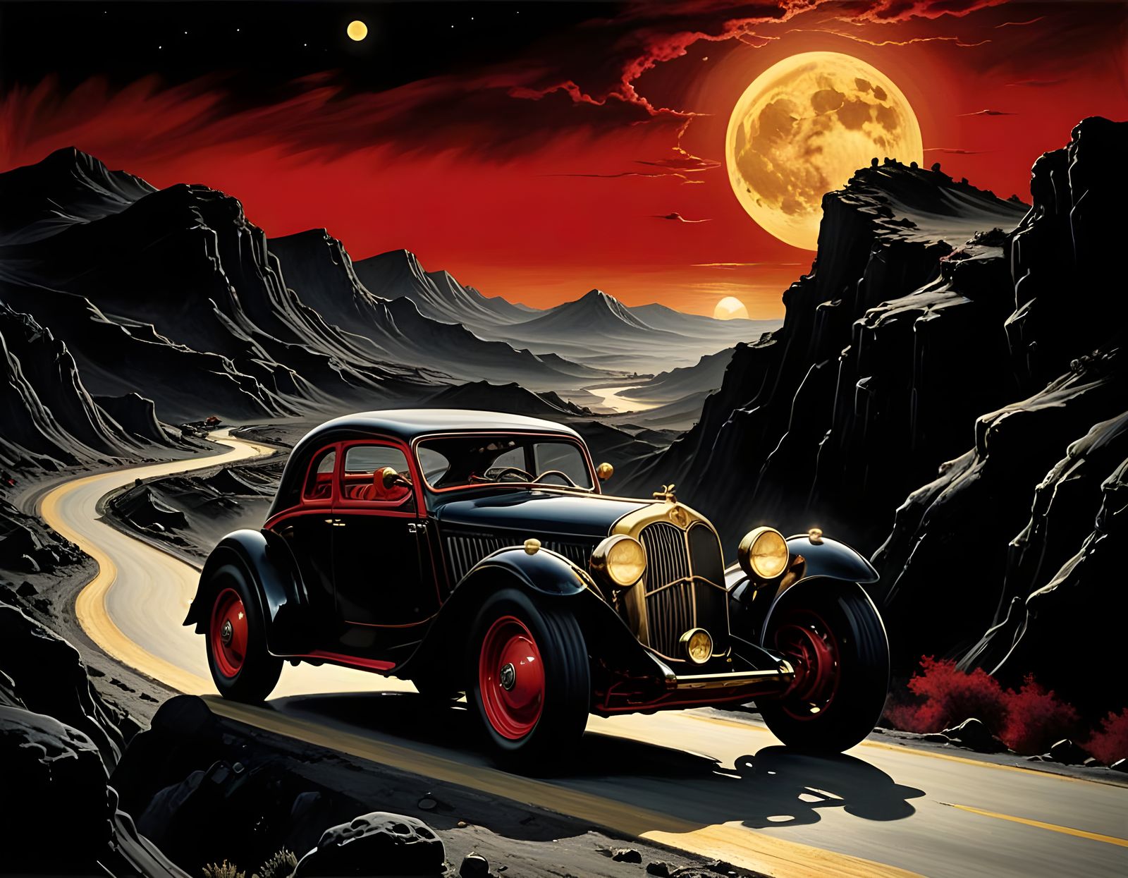 A car riding along the mountain road