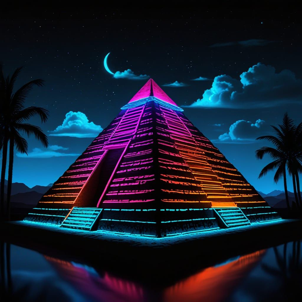 Neon Pyramid Illuminated at Night