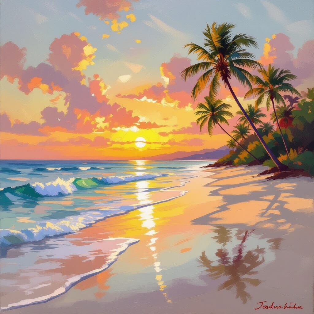 Serene Beachfront Sunset in Impressionistic Style