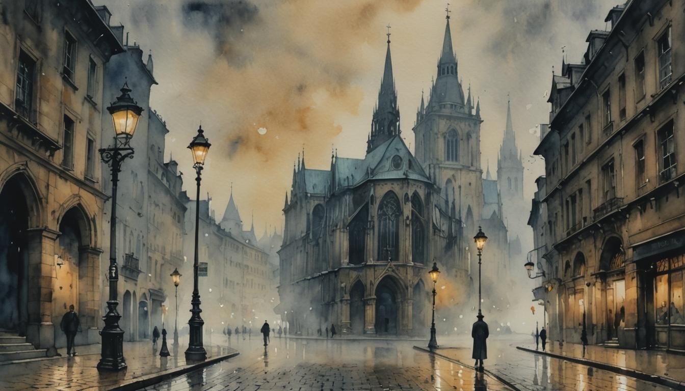 Gloomy Cathedral at Evening: Dark Moody Watercolor