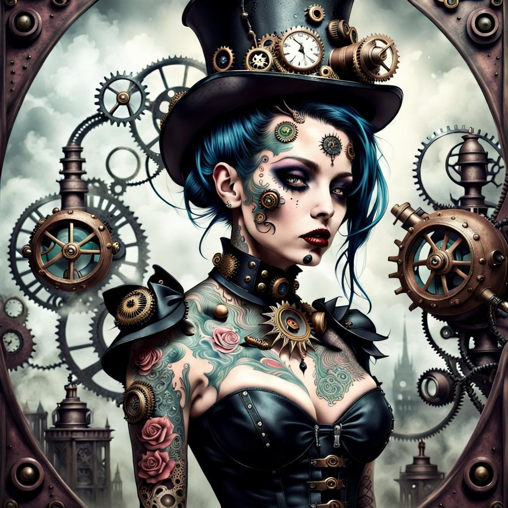 Steampunk Goth Lady with Tattoos in Surreal Fantasy
