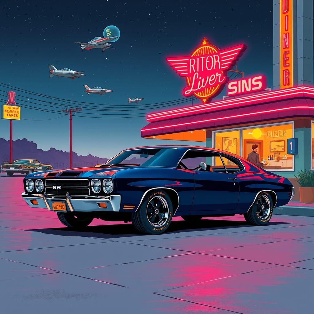 1970 Chevelle SS at Retro-Futuristic Diner with Neon Glow