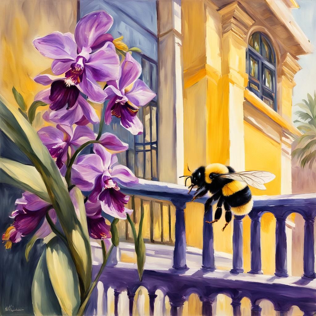 Bumble Bee and Orchids in Gouache Style