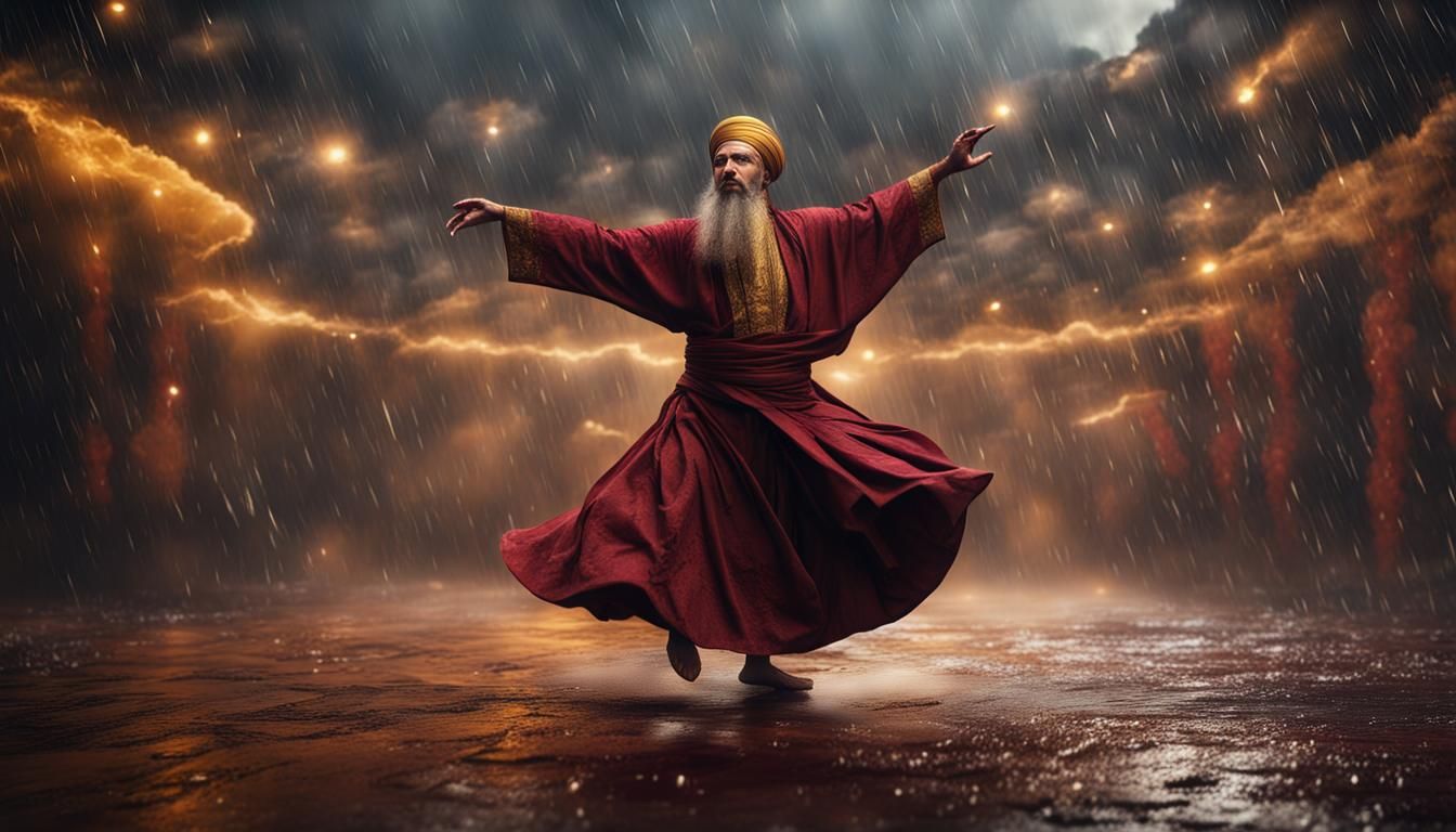 Hyper Realistic Sufi Whirling with Golden & Maroon Islamic Sufi Rustic Grungy Background with thunderstorm at heavy rain...