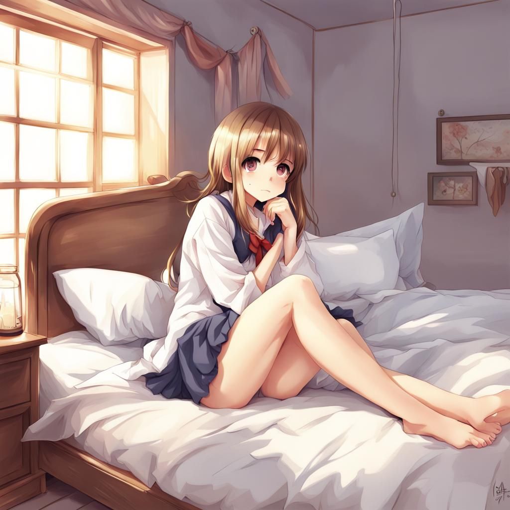 Cute Girl on Bed in Anime Style