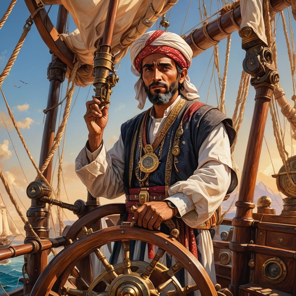Yemeni Sailor on Ancient Ship: Oil Painting in Triadic Color...