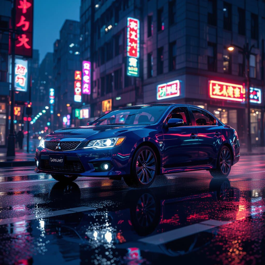 Blue Mitsubishi Galant 8 on Wet City Street at Dusk