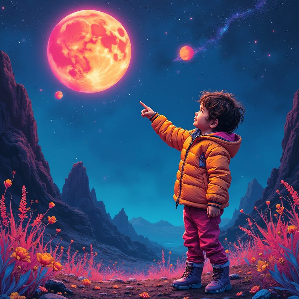 Bioluminescent World: Child Gazing at Distant Planet
