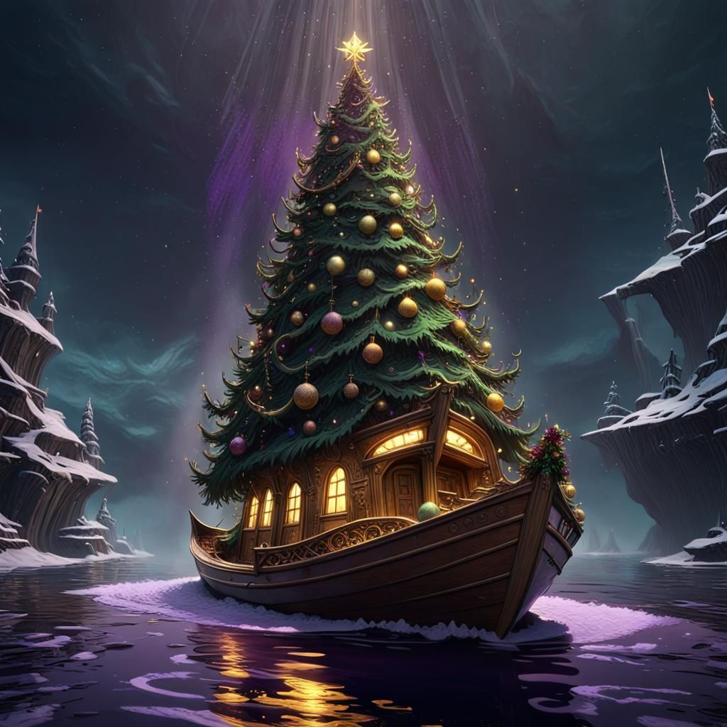 Christmas Tree on Boat in Dark Fantasy Style