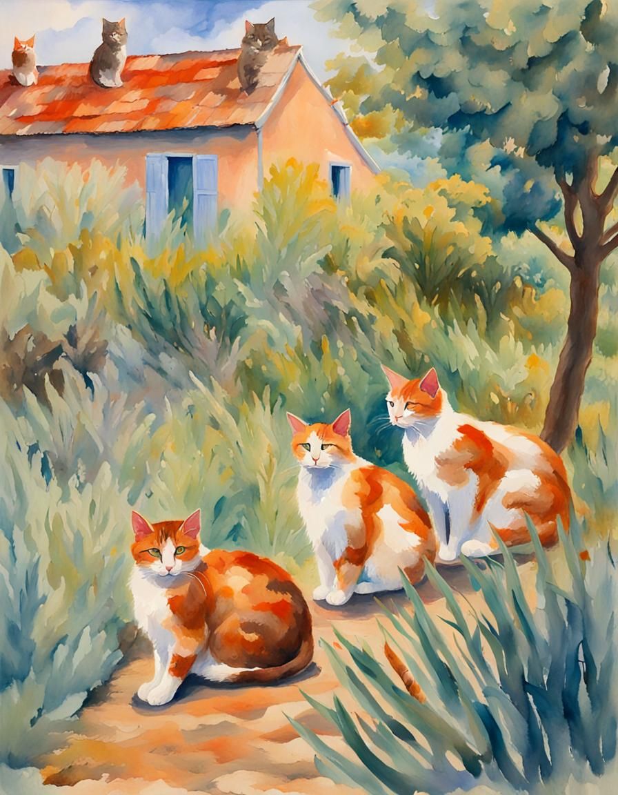 Fairytale Landscape with Cats in Gouache Style