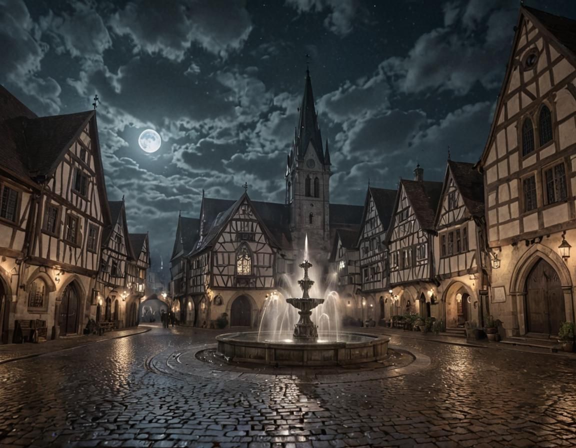 Mystical Medieval Town Square in Pen and Ink Style