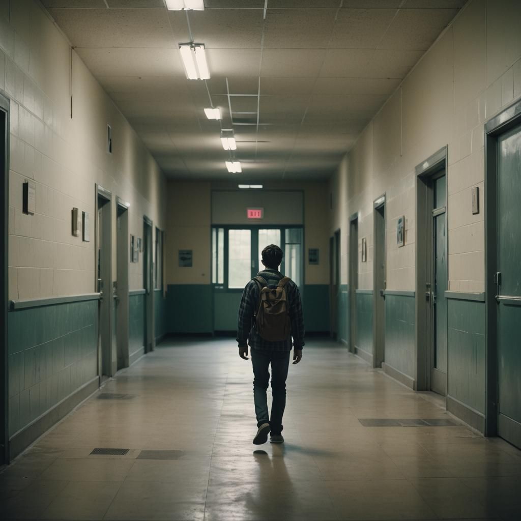 Lost Young Man in Empty School Corridor