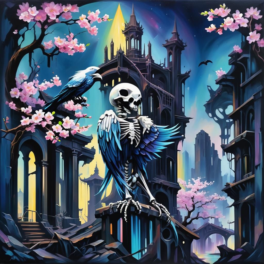 Mermaidpunk City Ruins: Oil Painting with Raven and Blossoms